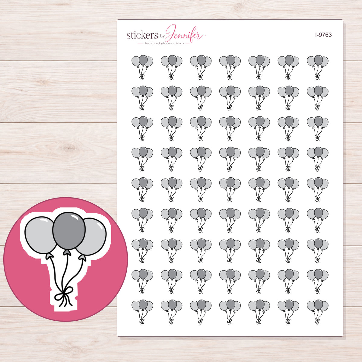 Gray Balloon Bunch Planner Stickers | I-9763 — 5 × 7 inch sheet and enlarged sticker detail