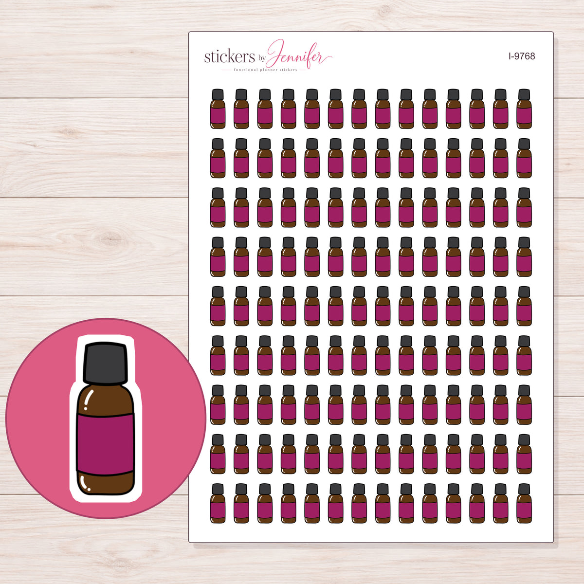 Magenta Label Oil Bottle Planner Stickers | I-9768 — 5 × 7 inch sheet and enlarged sticker detail