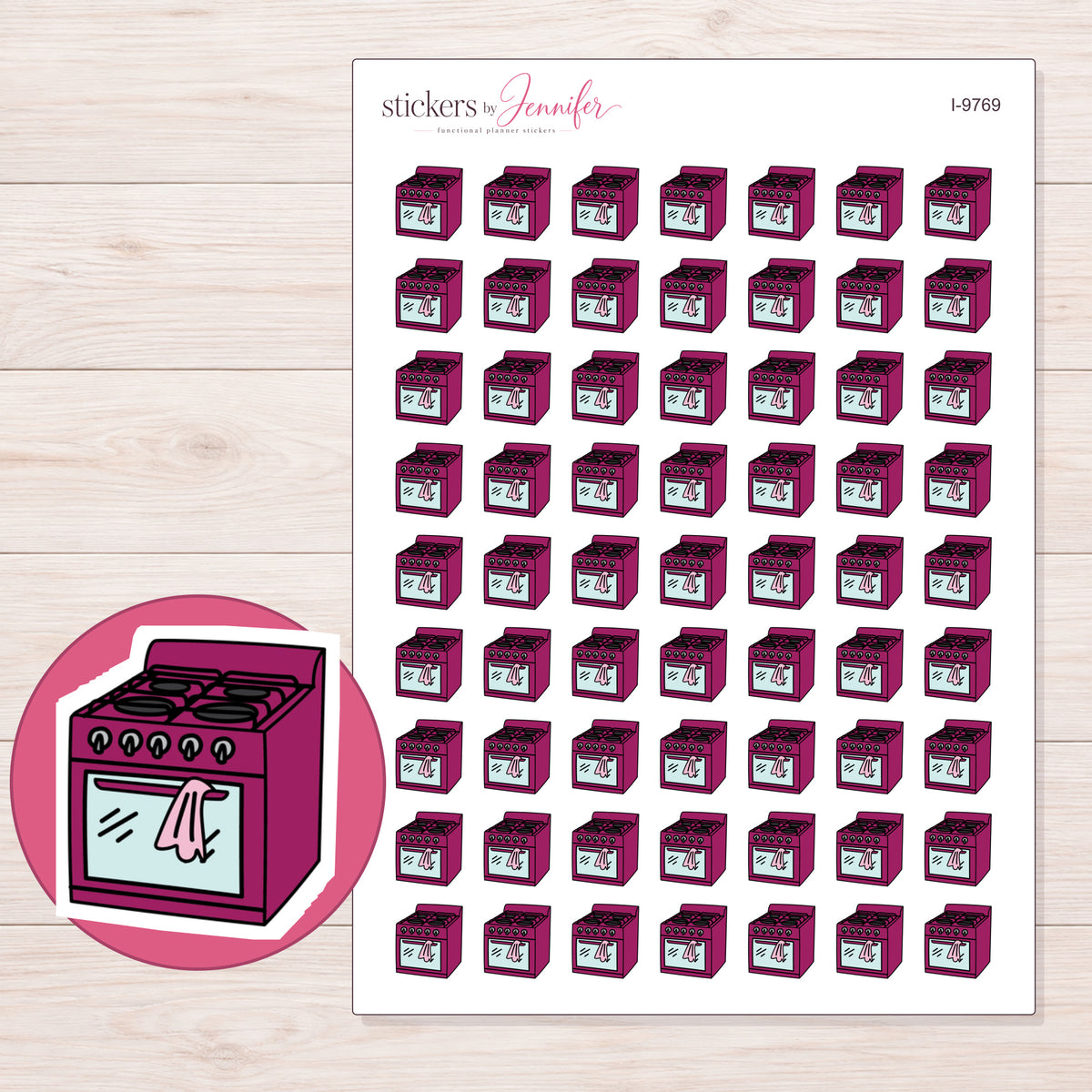 Magenta Stove and Oven Planner Stickers | I-9769 — 5 × 7 inch sheet and enlarged sticker detail