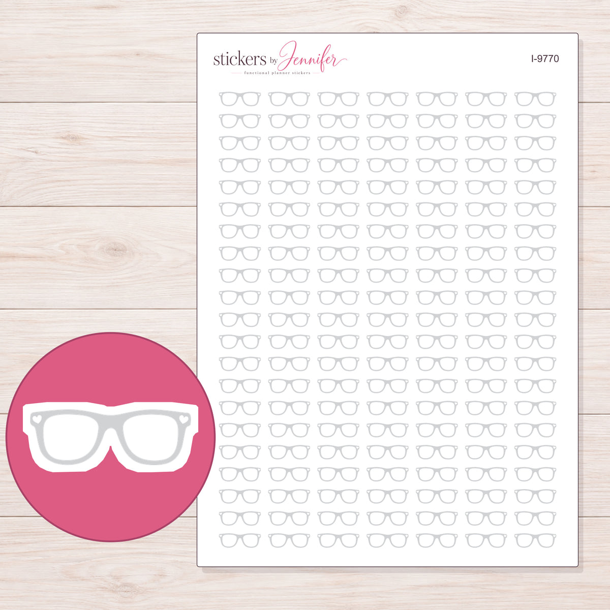 White Eyeglasses Planner Stickers | I-9770 — 5 × 7 inch sheet and enlarged sticker detail