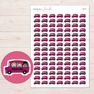 Magenta Field Trip Bus with Text Planner Stickers | I-9772 — 5 × 7 inch sheet and enlarged sticker detail