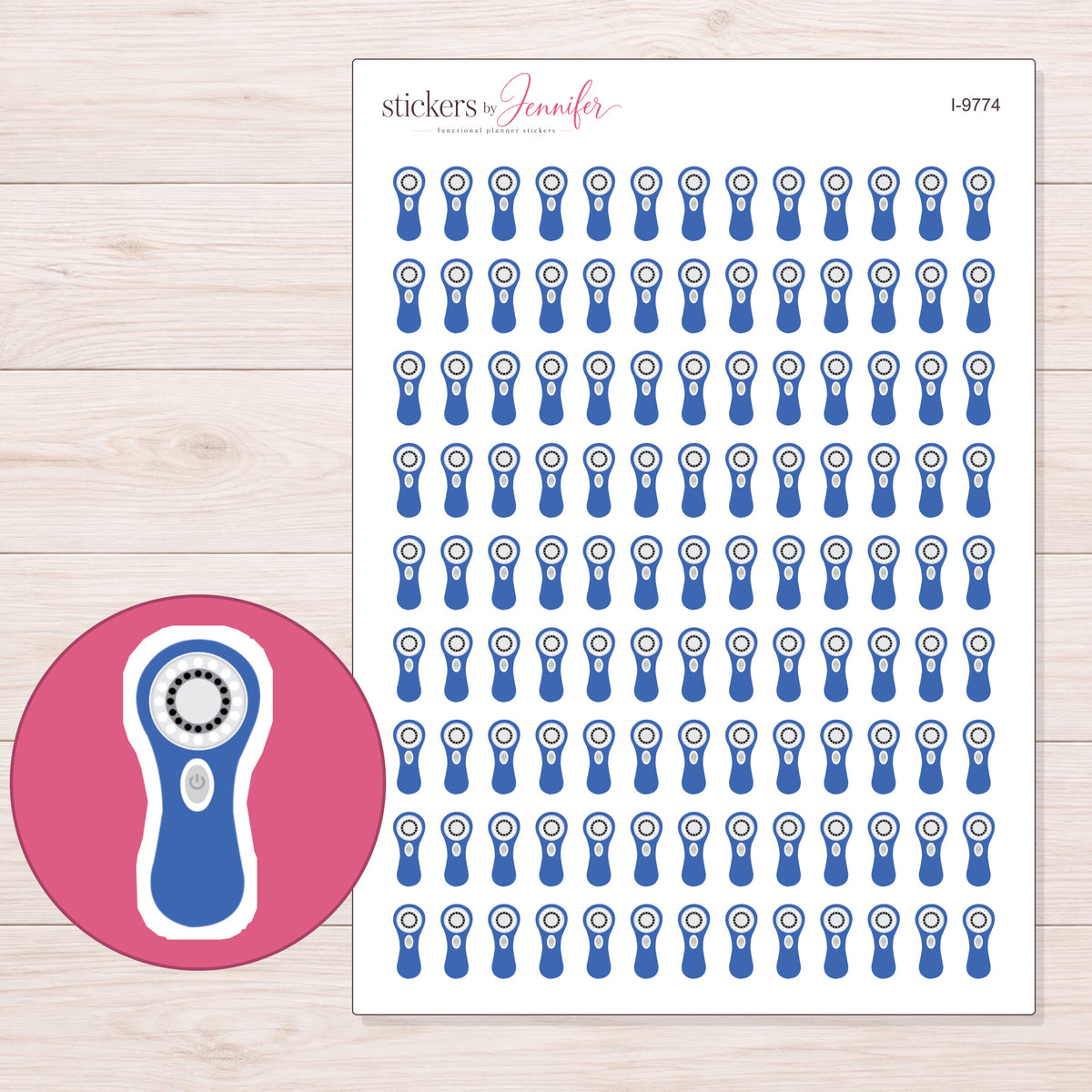 Blue Facial Brush Planner Stickers | I-9774 — 5 × 7 inch sheet and enlarged sticker detail