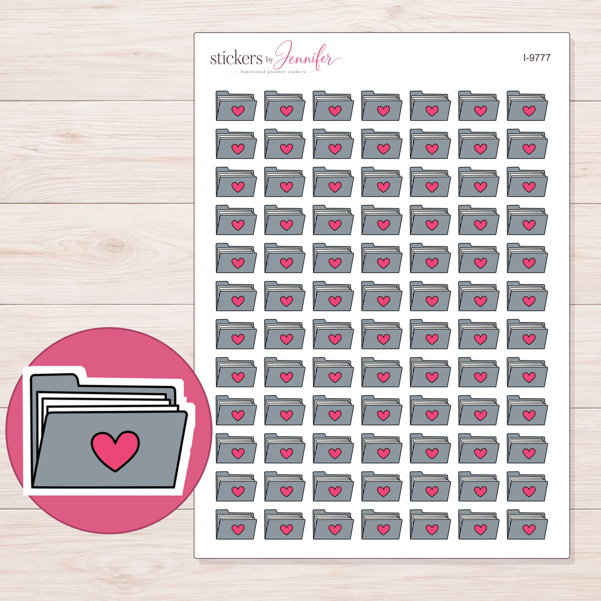 Gray Heart File Folder Planner Stickers | I-9777 — 5 × 7 inch sheet and enlarged sticker detail