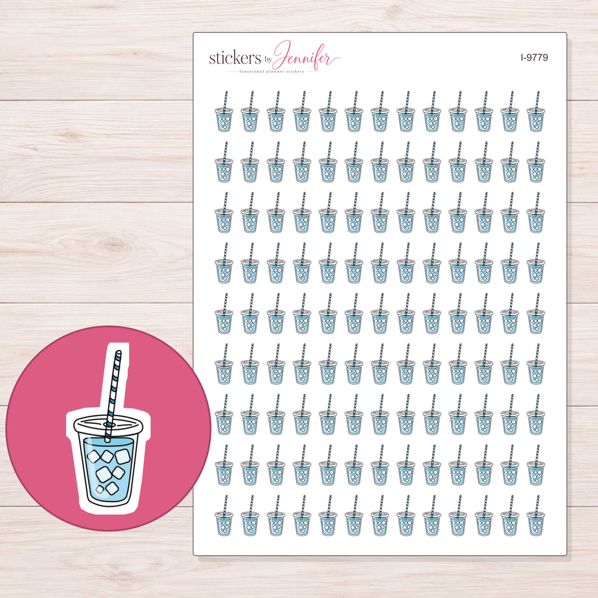 Blue Iced Tea Planner Stickers | I-9779 — 5 × 7 inch sheet and enlarged sticker detail