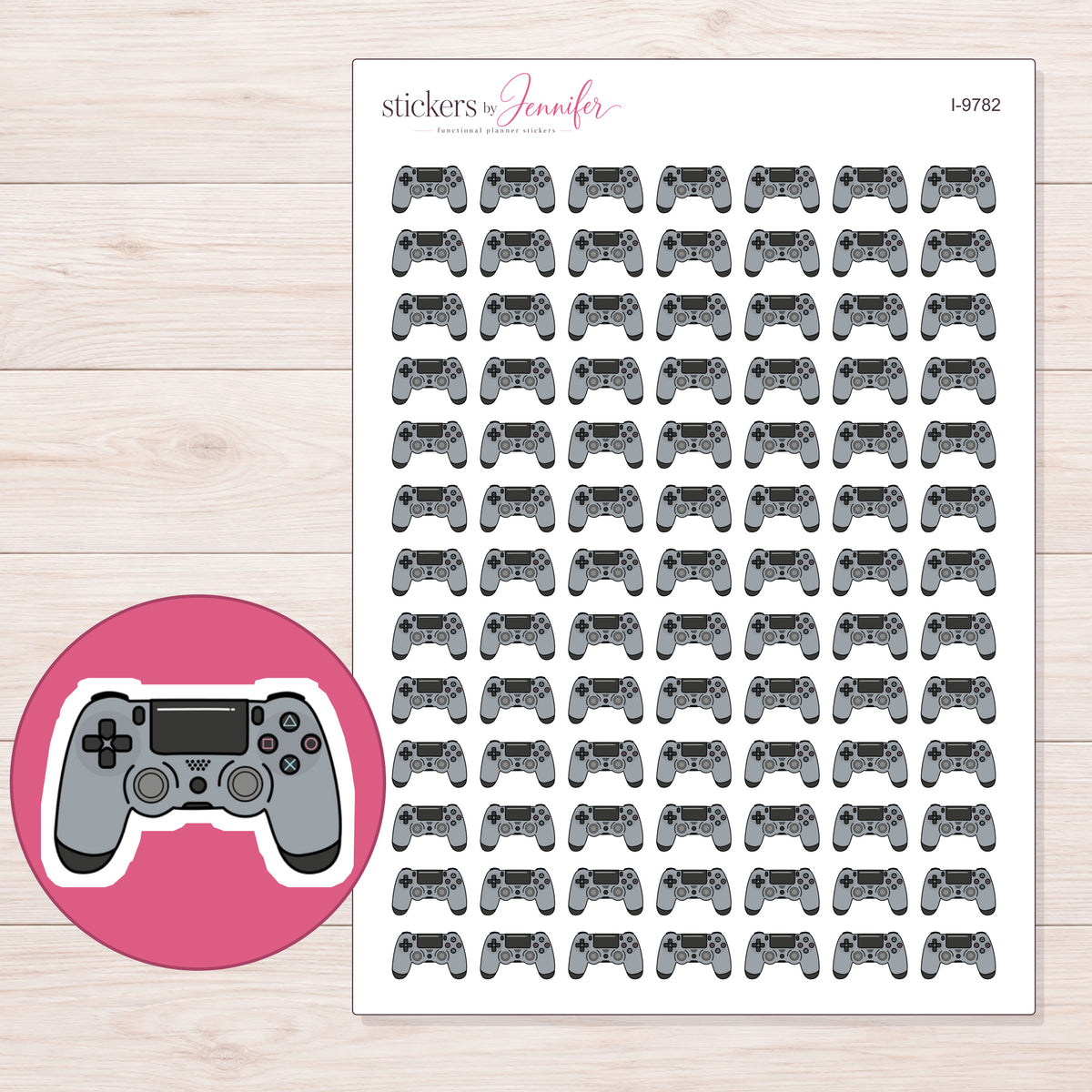 Gray Game Controller Planner Stickers | I-9782 — 5 × 7 inch sheet and enlarged sticker detail