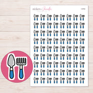 Blue Garden Tools Planner Stickers | I-9784 — 5 × 7 inch sheet and enlarged sticker detail
