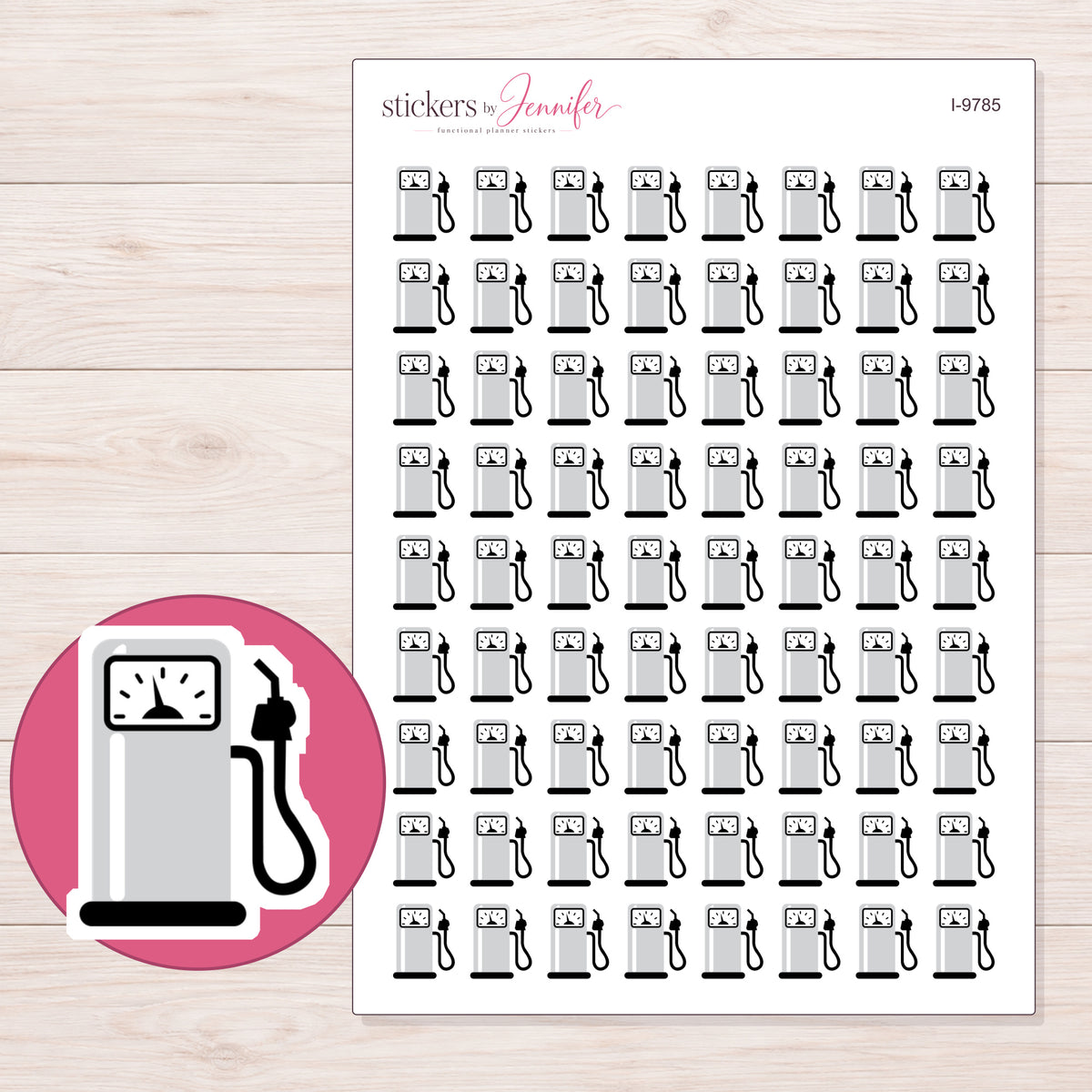 Gray Gas Pump Planner Stickers | I-9785 — 5 × 7 inch sheet and enlarged sticker detail
