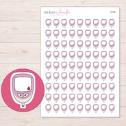 Pink Glucose Meter Planner Stickers | I-9786 — 5 × 7 inch sheet and enlarged sticker detail