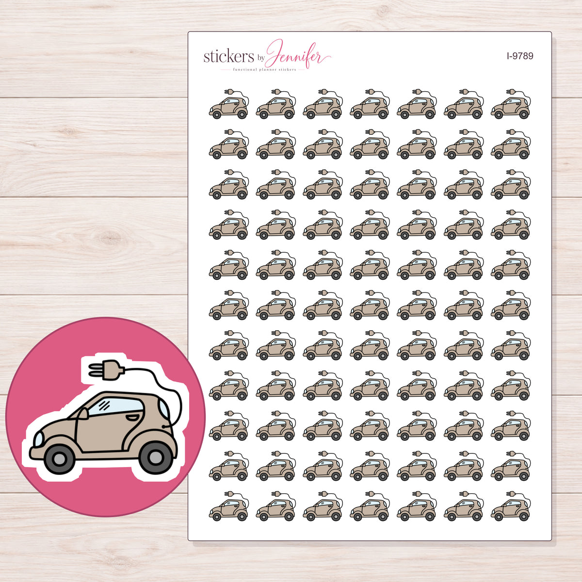 Taupe Electric Car Planner Stickers | I-9789 — 5 × 7 inch sheet and enlarged sticker detail