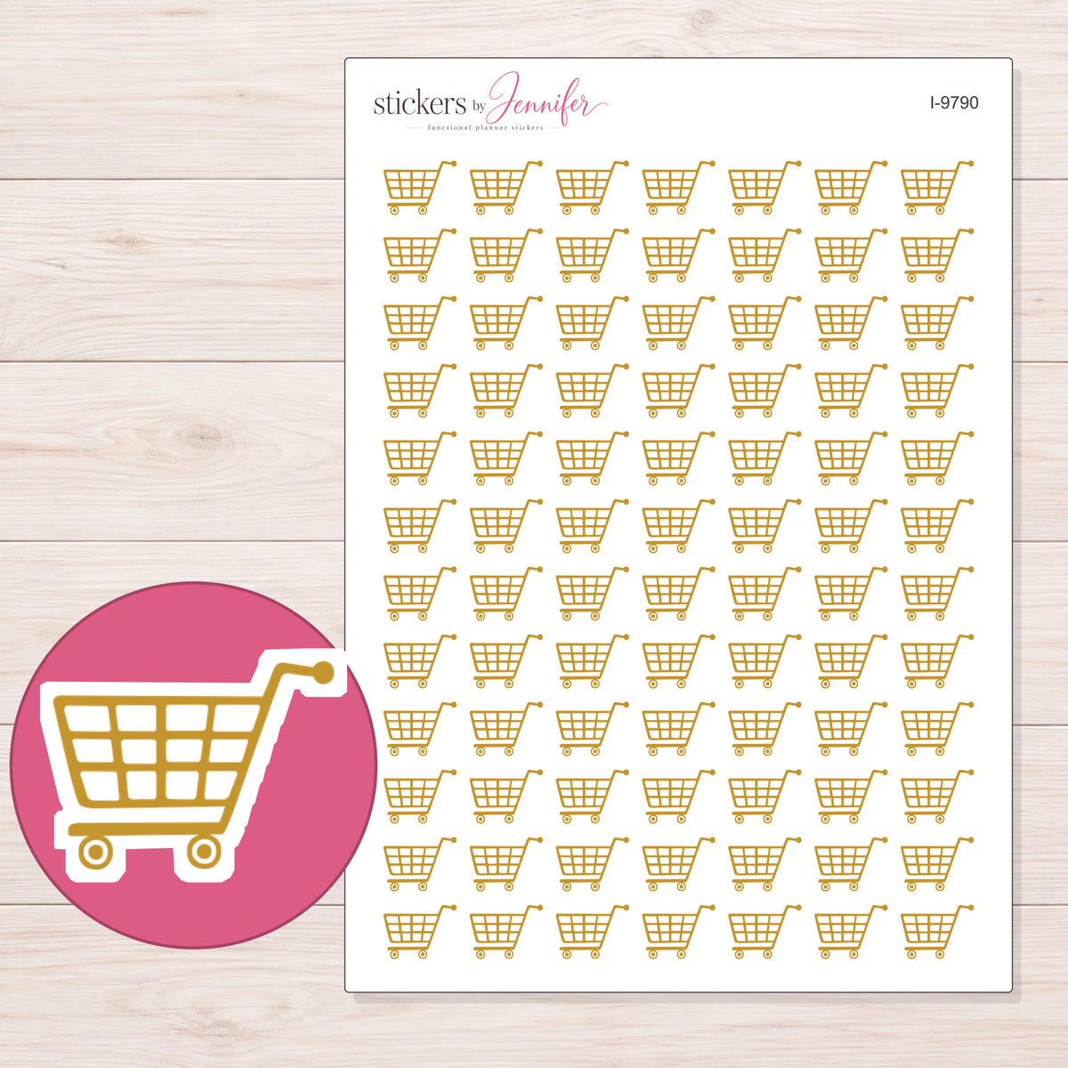 Gold Grocery Cart Planner Stickers | I-9790 — 5 × 7 inch sheet and enlarged sticker detail