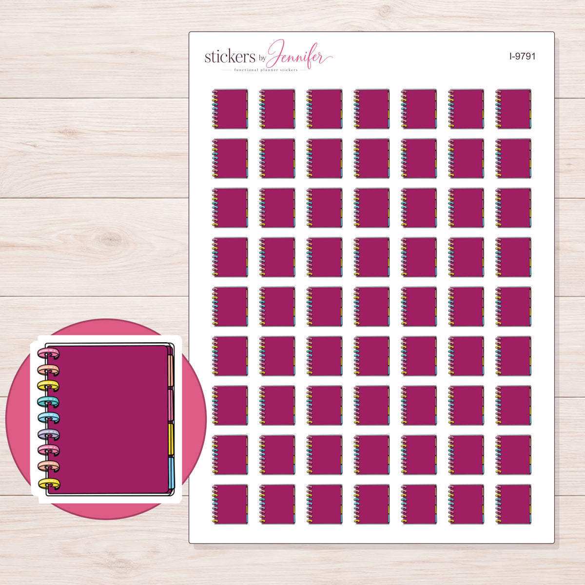 Magenta Disc Planner Stickers | I-9791 — 5 × 7 inch sheet and enlarged sticker detail