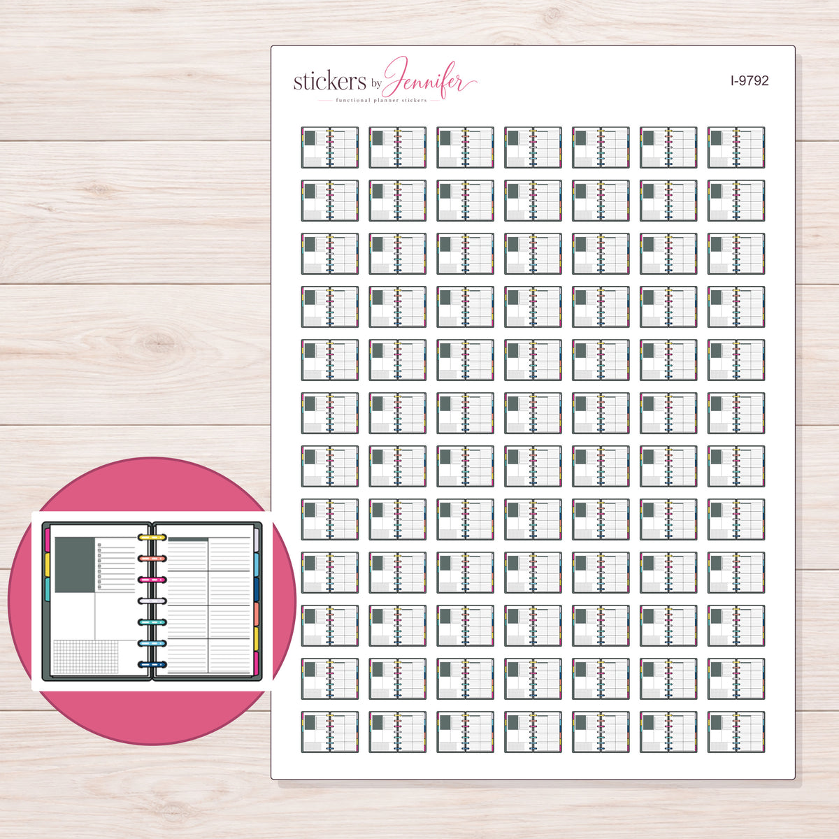 Open Disc Planner Stickers | I-9792 — 5 × 7 inch sheet and enlarged sticker detail