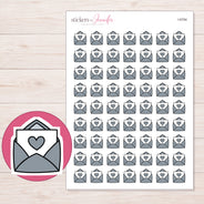 Gray Heart Happy Mail Planner Stickers | I-9794 — 5 × 7 inch sheet and enlarged sticker detail