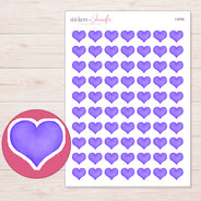 Purple Watercolor Heart Planner Stickers | I-9795 — 5 × 7 inch sheet and enlarged sticker detail