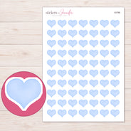 Pale Blue Watercolor Heart Planner Stickers | I-9796 — 5 × 7 inch sheet and enlarged sticker detail