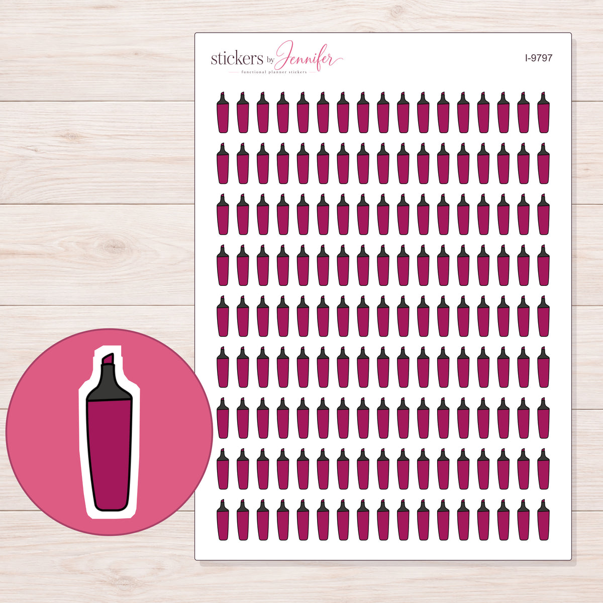 Magenta Highlighter Planner Stickers | I-9797 — 5 × 7 inch sheet and enlarged sticker detail