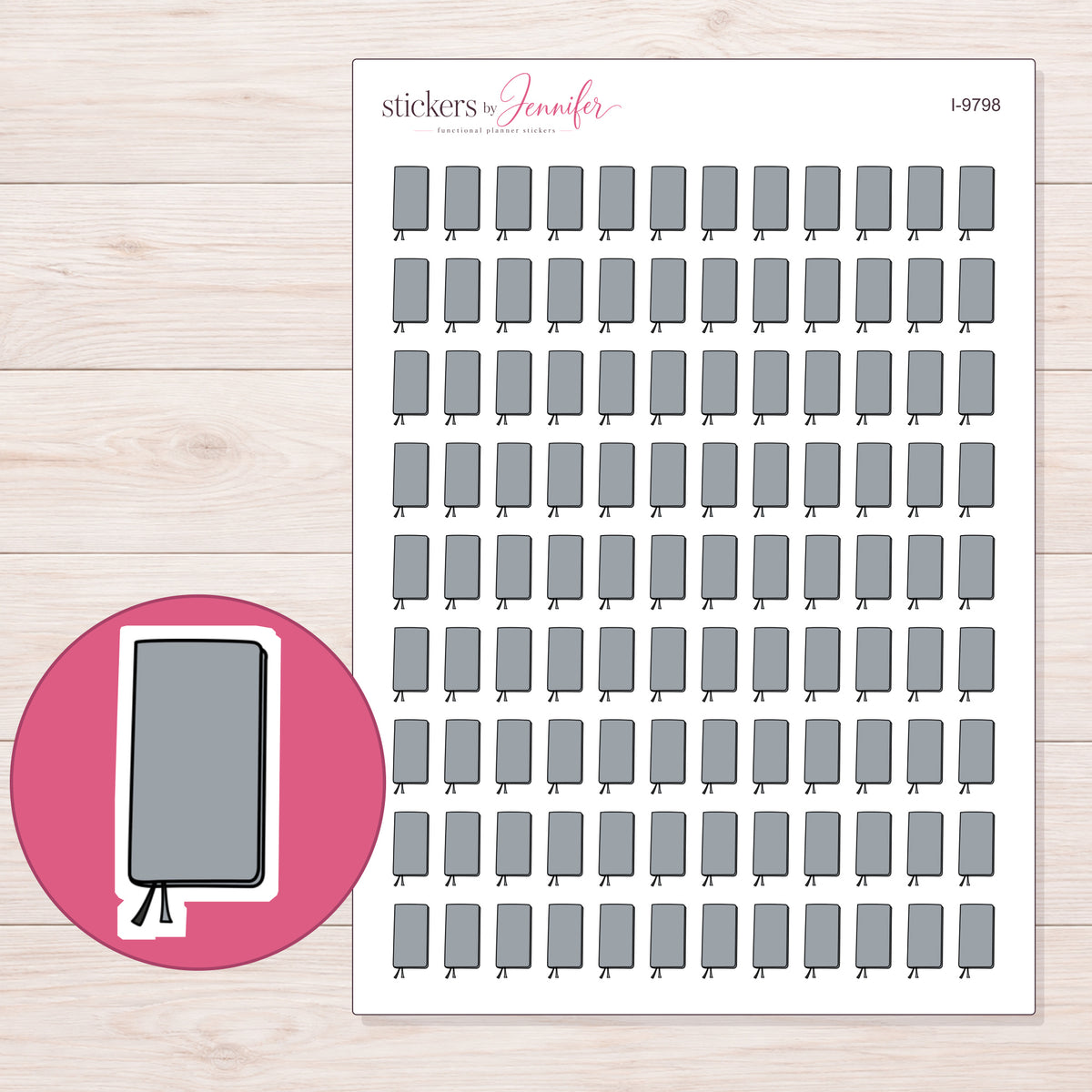 Gray Closed Planner Stickers | I-9798 — 5 × 7 inch sheet and enlarged sticker detail