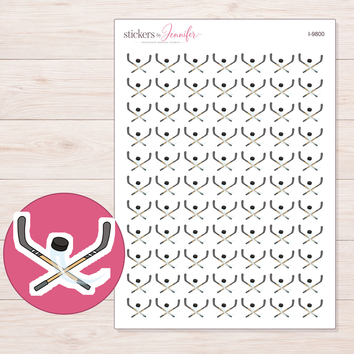 Hockey Sticks and Puck Planner Stickers | I-9800 — 5 × 7 inch sheet and enlarged sticker detail