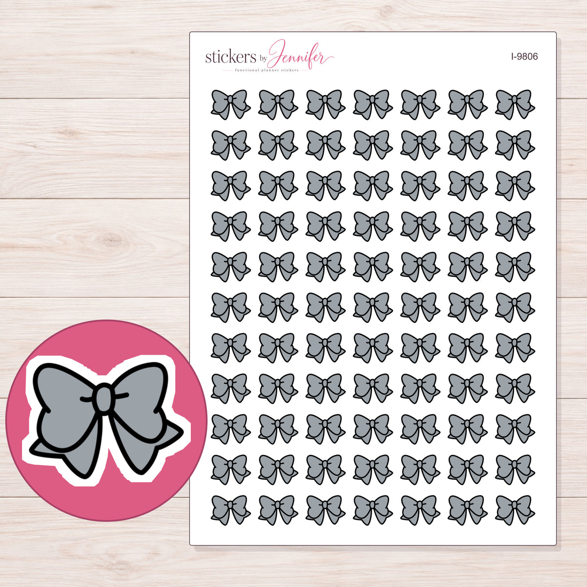 Gray Bow Planner Stickers | I-9806 — 5 × 7 inch sheet and enlarged sticker detail