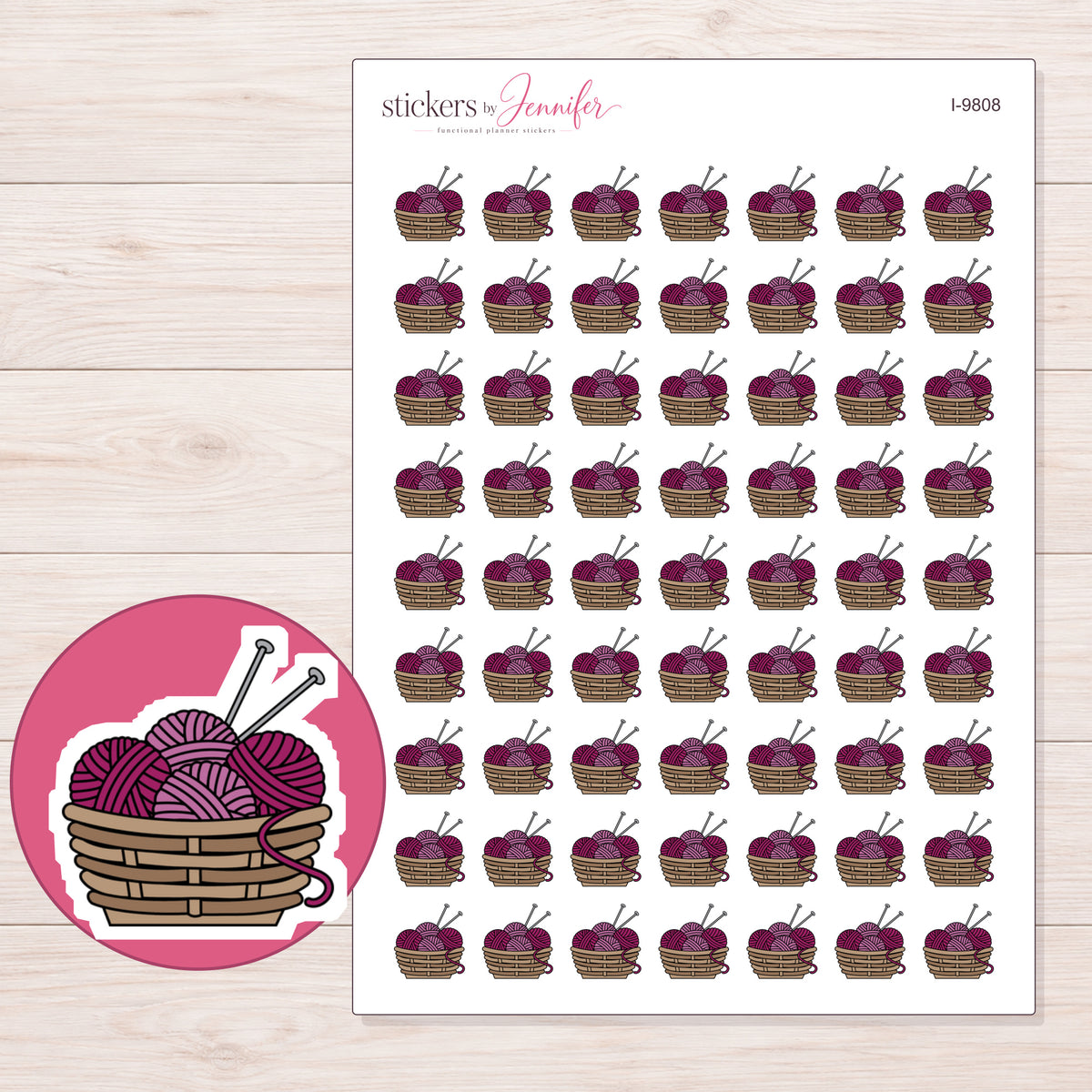 Magenta Knitting Basket Planner Stickers | I-9808 — 5 × 7 inch sheet and enlarged sticker detail