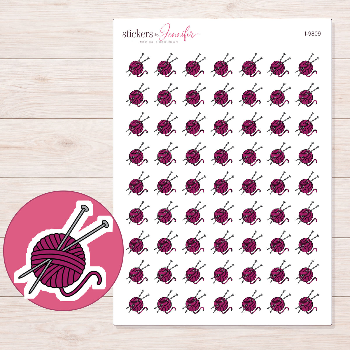 Magenta Yarn and Knitting Needles Planner Stickers | I-9809 — 5 × 7 inch sheet and enlarged sticker detail