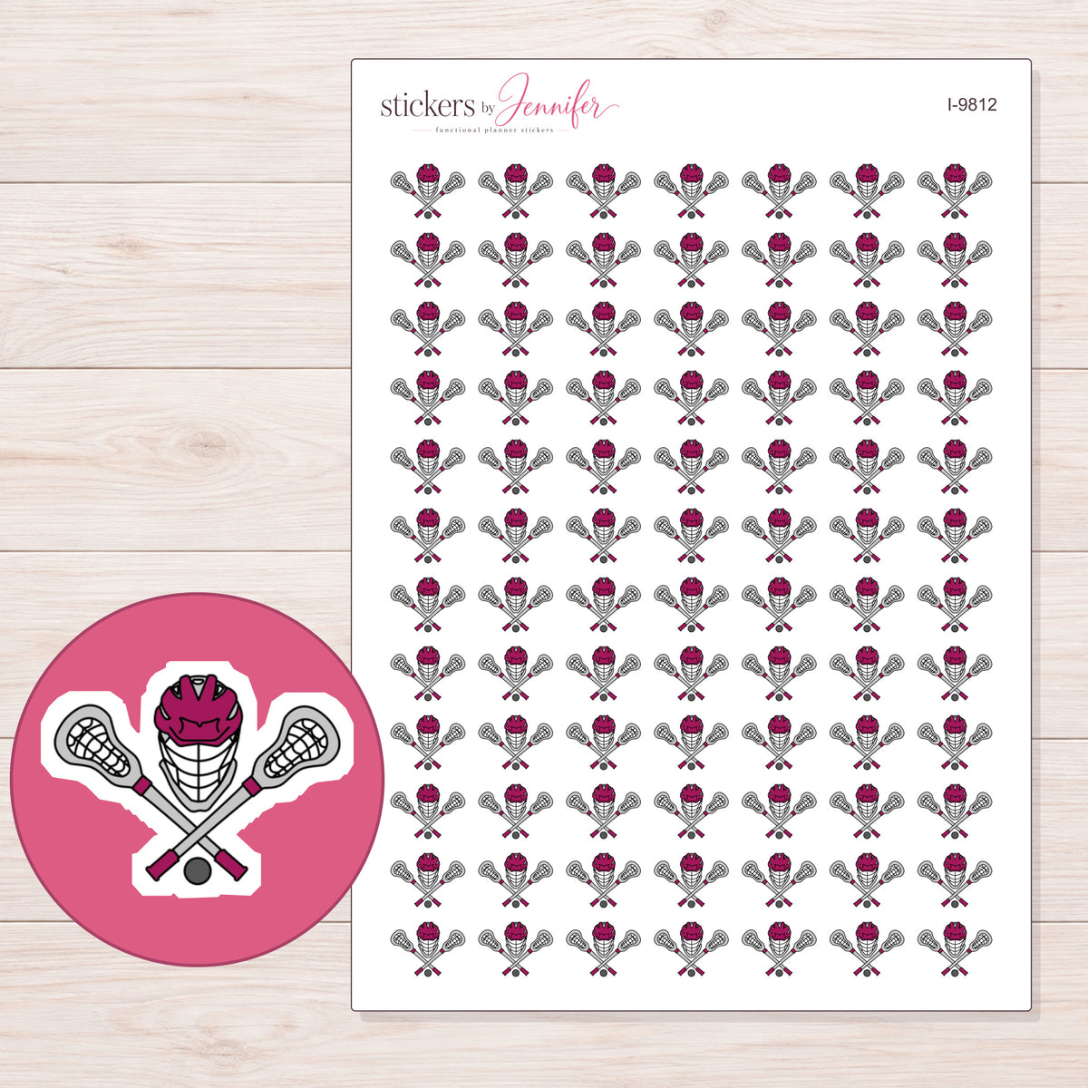 Magenta Lacrosse Gear Planner Stickers | I-9812 — 5 × 7 inch sheet and enlarged sticker detail