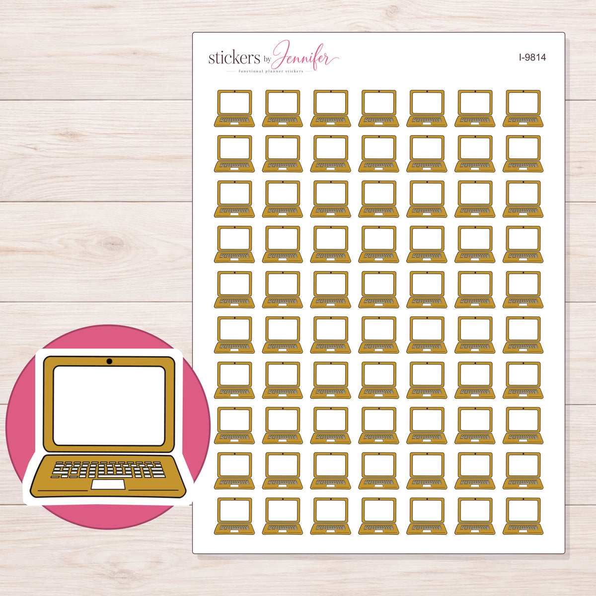 Gold Laptop Planner Stickers | I-9814 — 5 × 7 inch sheet and enlarged sticker detail