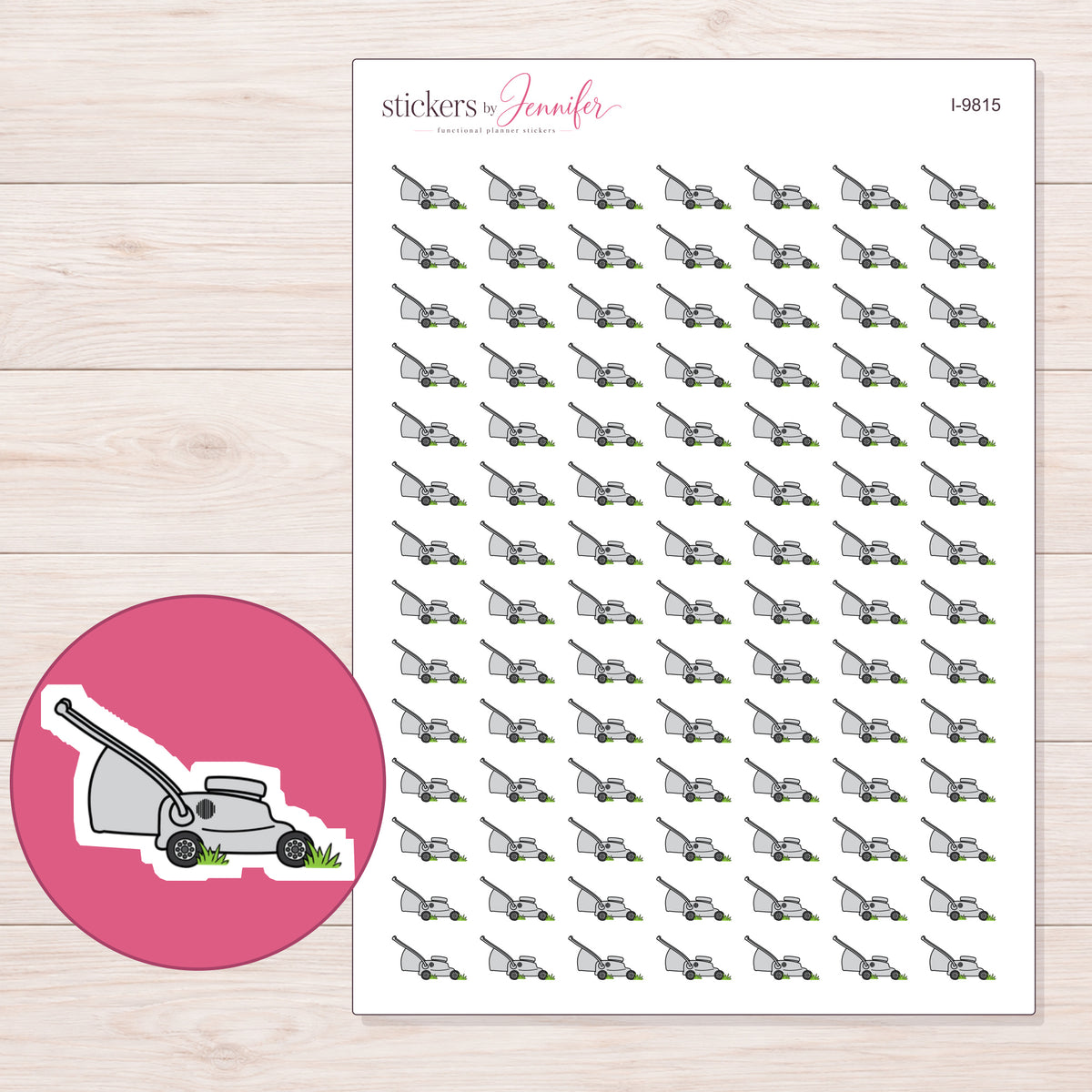 Gray Lawnmower Planner Stickers | I-9815 — 5 × 7 inch sheet and enlarged sticker detail
