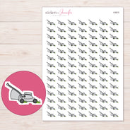Gray Lawnmower Planner Stickers | I-9815 — 5 × 7 inch sheet and enlarged sticker detail