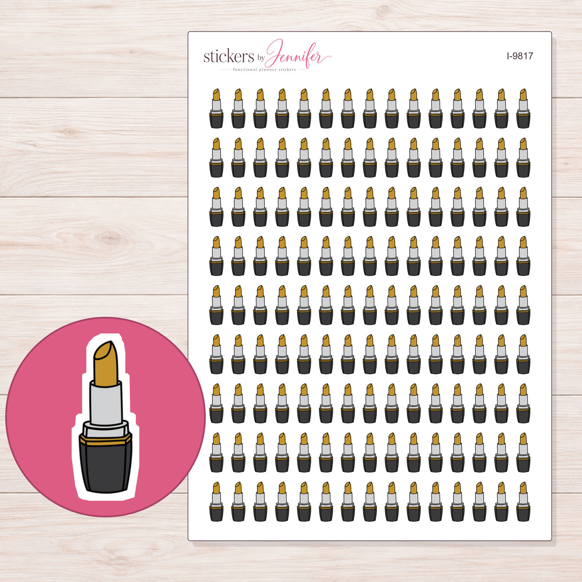 Gold Lipstick Planner Stickers | I-9817 — 5 × 7 inch sheet and enlarged sticker detail
