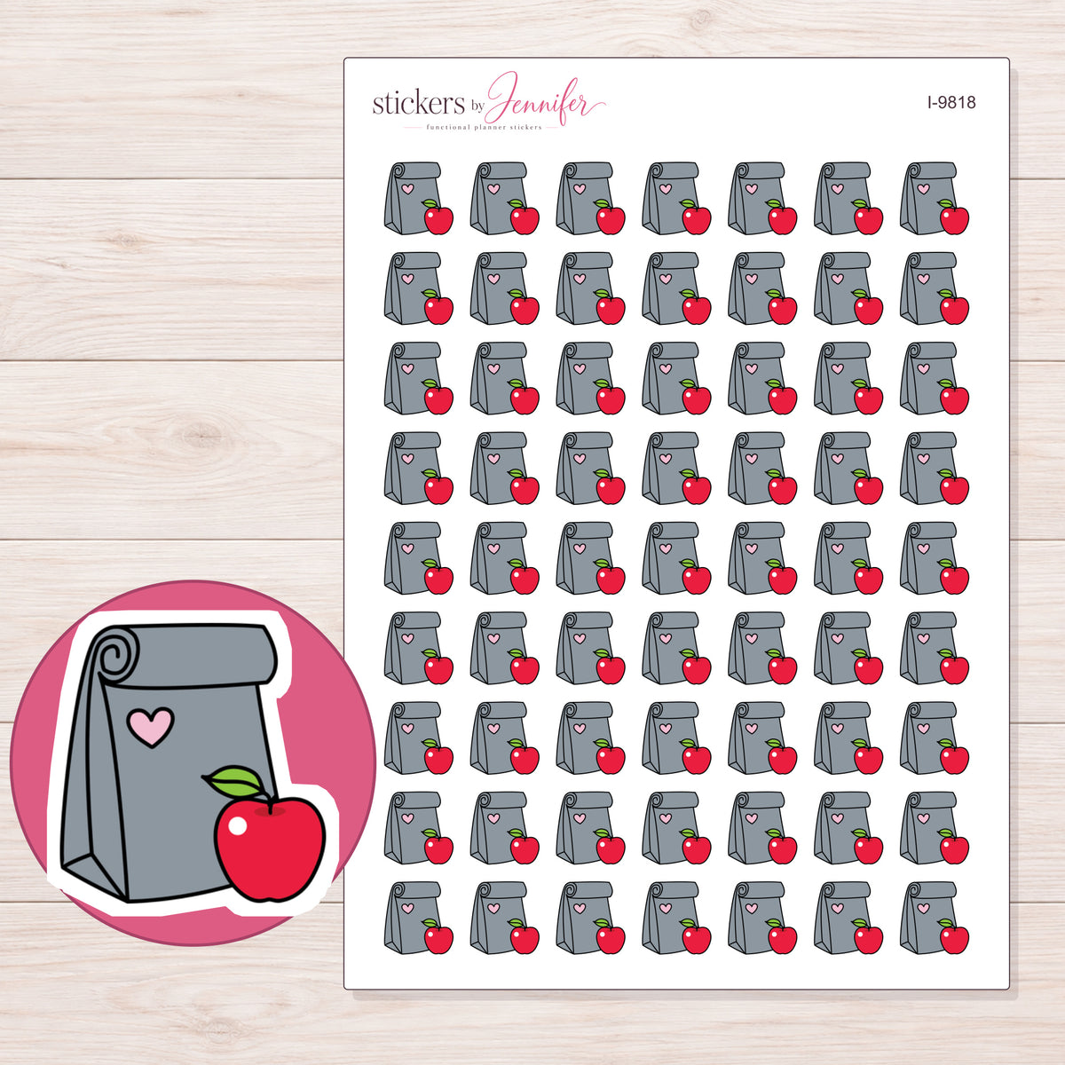 Gray Heart Lunch Bag Planner Stickers | I-9818 — 5 × 7 inch sheet and enlarged sticker detail