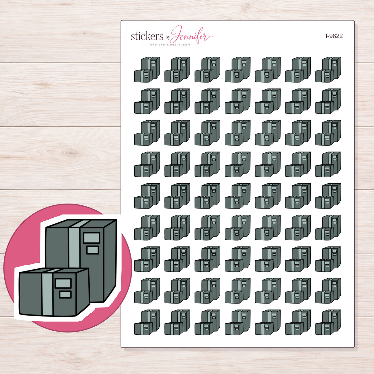 Charcoal Stacked Shipping Boxes Planner Stickers | I-9822 — 5 × 7 inch sheet and enlarged sticker detail