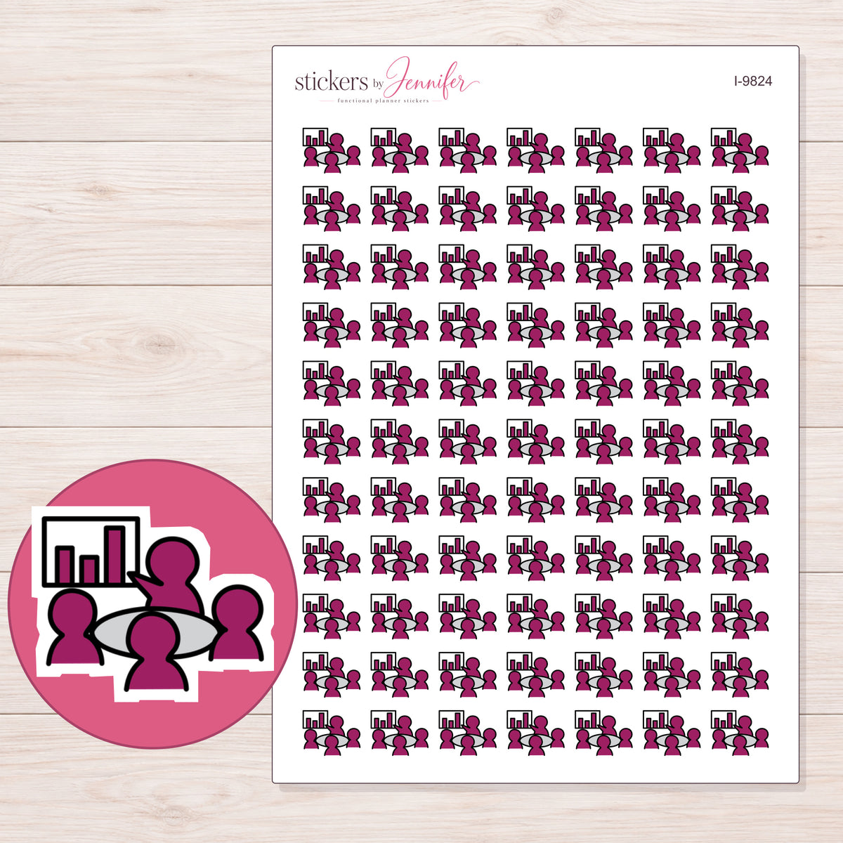 Magenta Meeting Group Planner Stickers | I-9824 — 5 × 7 inch sheet and enlarged sticker detail