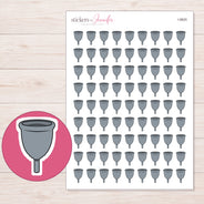 Gray Menstrual Cup Planner Stickers | I-9825 — 5 × 7 inch sheet and enlarged sticker detail
