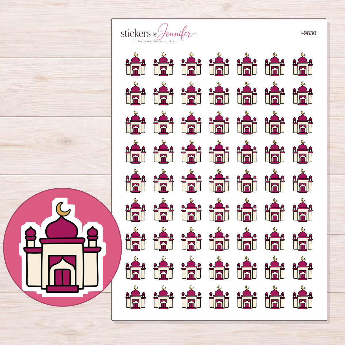 Magenta Mosque Planner Stickers | I-9830 — 5 × 7 inch sheet and enlarged sticker detail