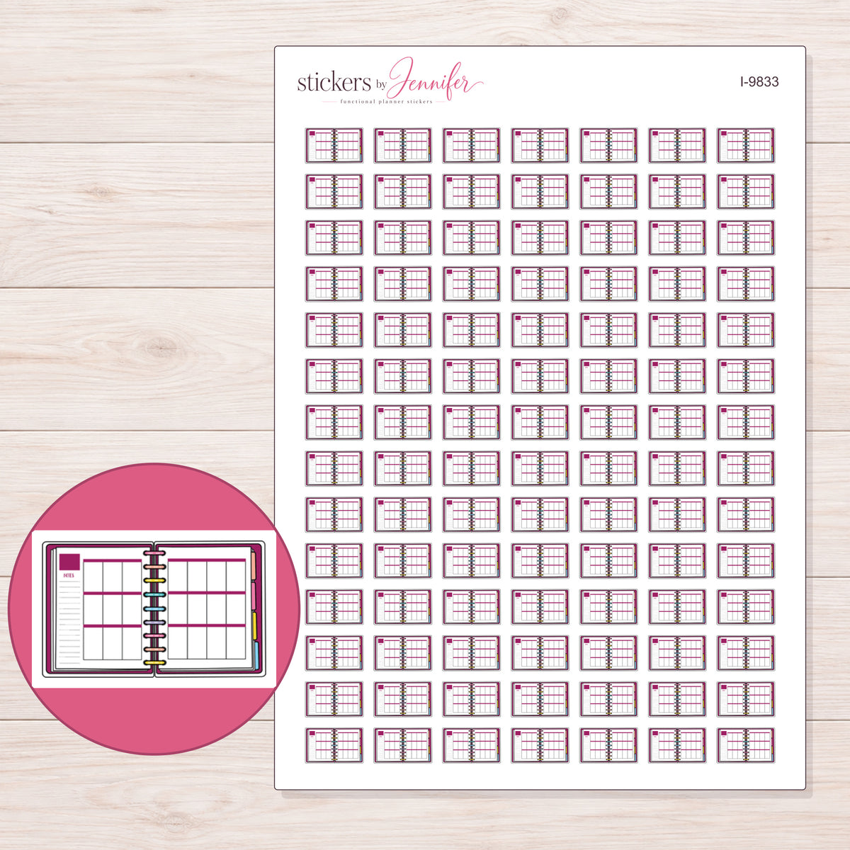 Open Magenta Weekly Planner Stickers | I-9833 — 5 × 7 inch sheet and enlarged sticker detail
