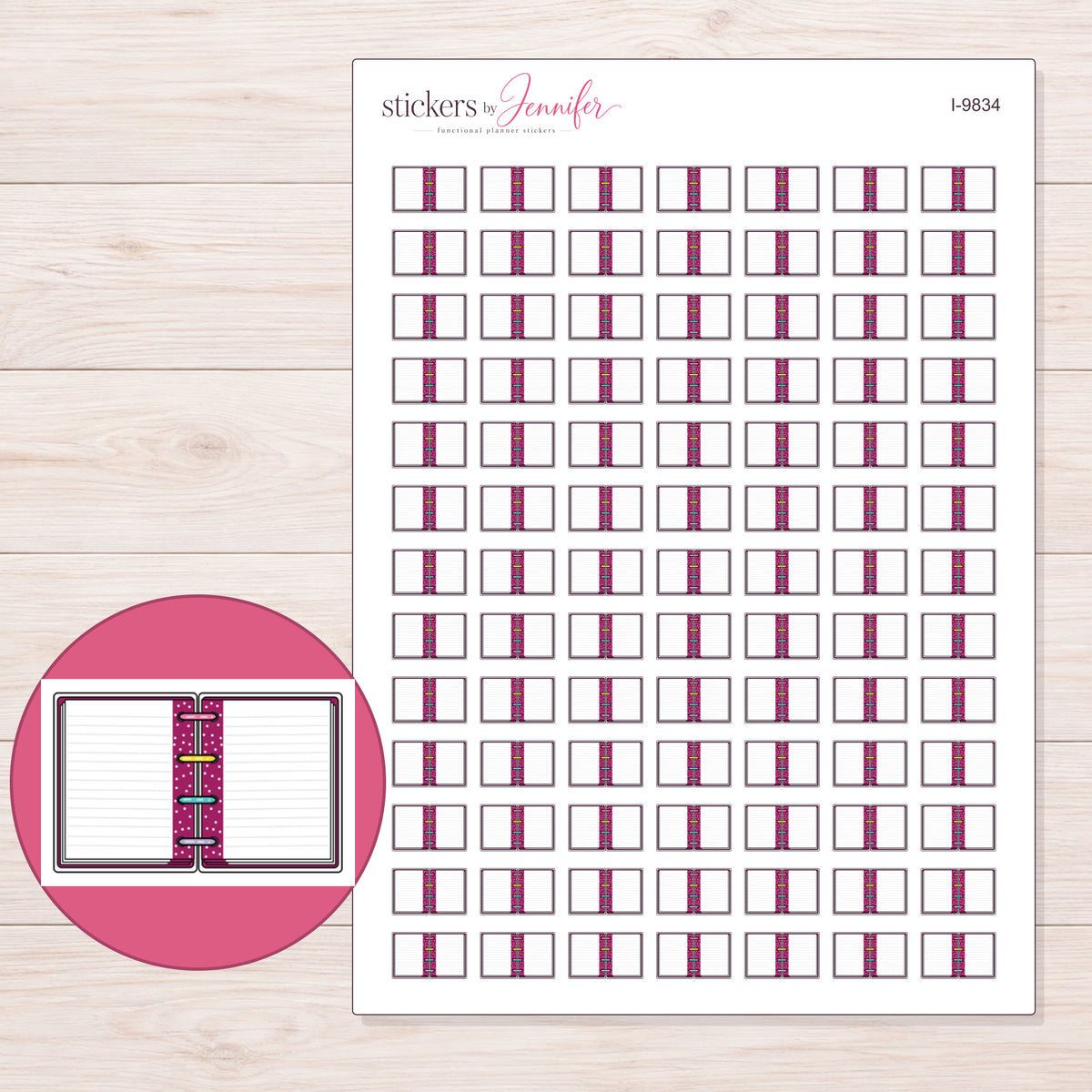 Open Magenta Mini Notebook Planner Stickers | I-9834 — 5 × 7 inch sheet and enlarged sticker detail