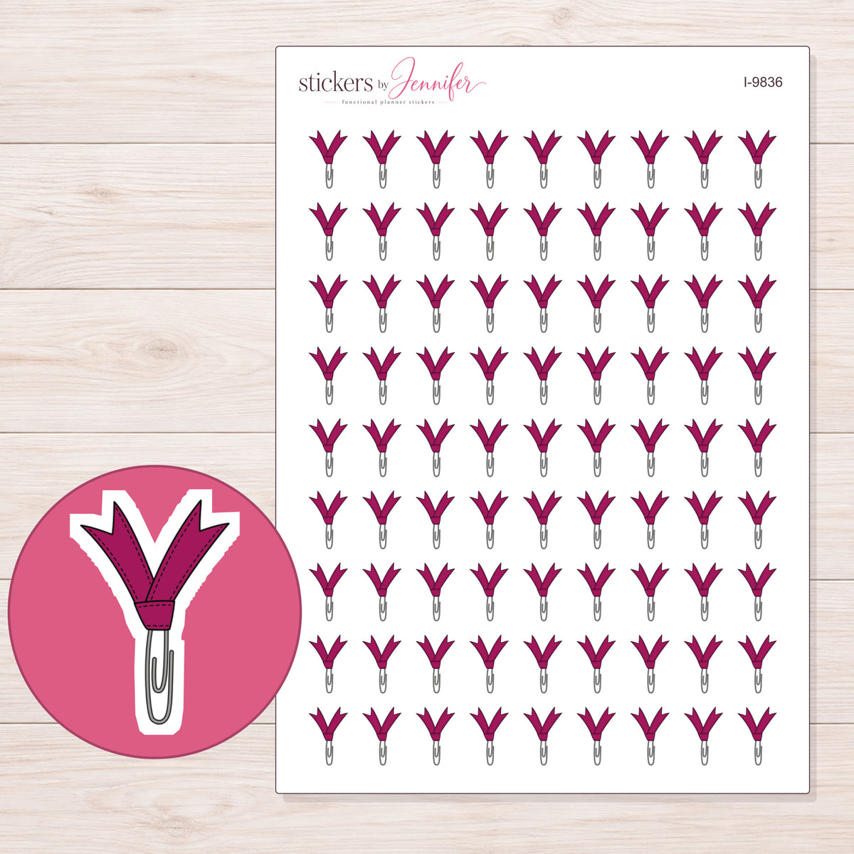 Magenta Ribbon Paper Clip Planner Stickers | I-9836 — 5 × 7 inch sheet and enlarged sticker detail