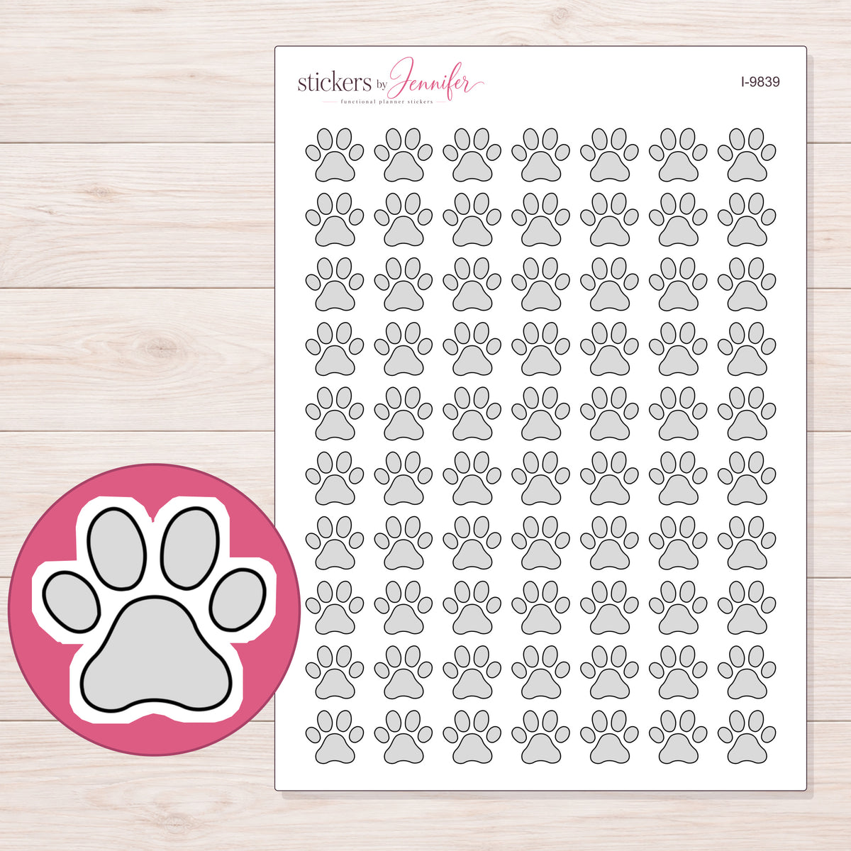 Light Gray Paw Print Planner Stickers | I-9839 — 5 × 7 inch sheet and enlarged sticker detail