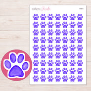 Purple Watercolor Paw Print Planner Stickers | I-9841 — 5 × 7 inch sheet and enlarged sticker detail