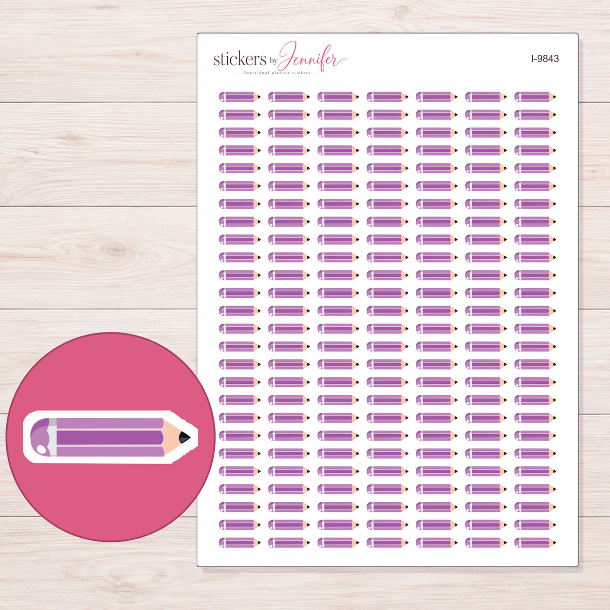 Purple Pencil Planner Stickers | I-9843 — 5 × 7 inch sheet and enlarged sticker detail