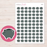 Charcoal Piggy Bank Planner Stickers | I-9845 — 5 × 7 inch sheet and enlarged sticker detail