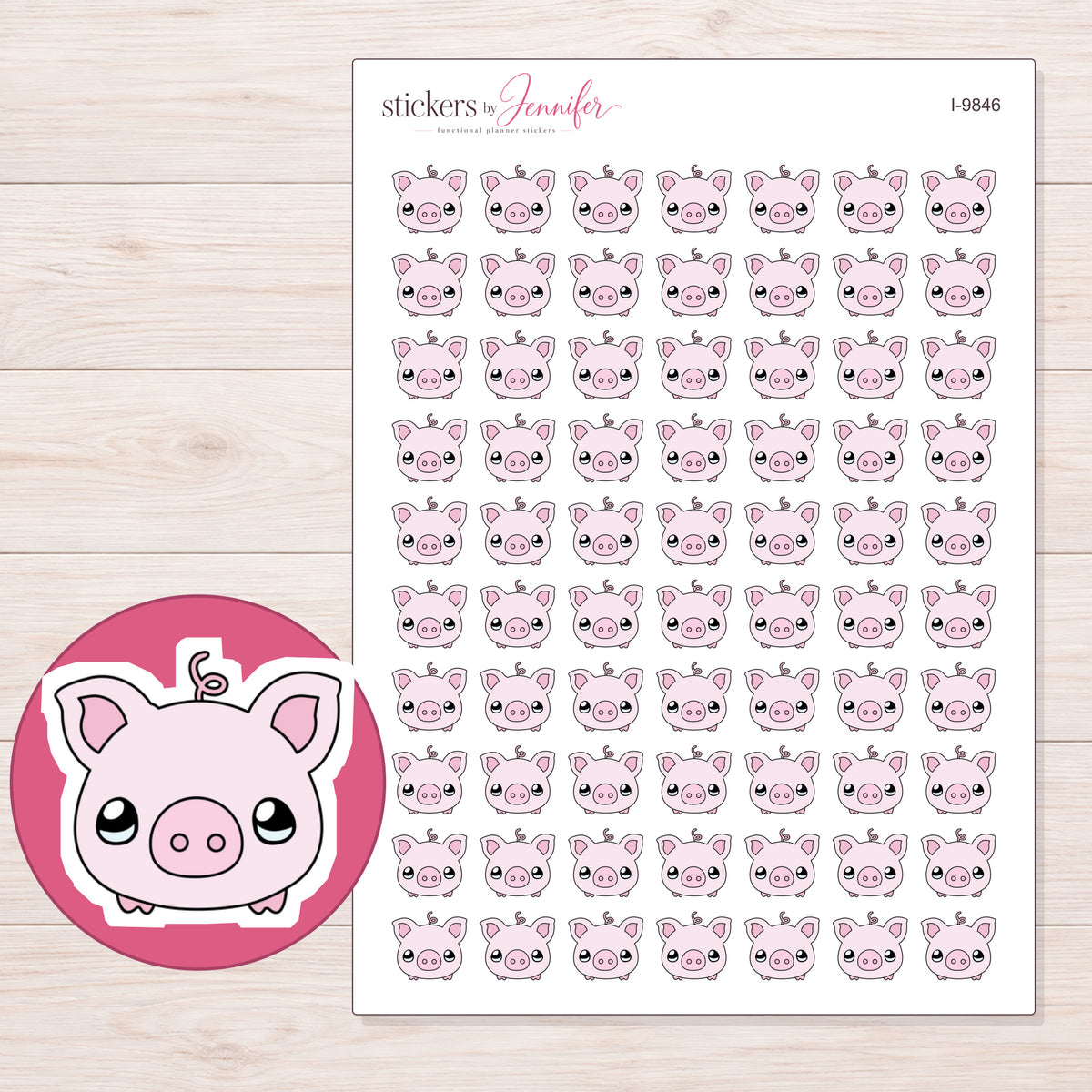 Pink Piggy Bank Face Planner Stickers | I-9846 — 5 × 7 inch sheet and enlarged sticker detail
