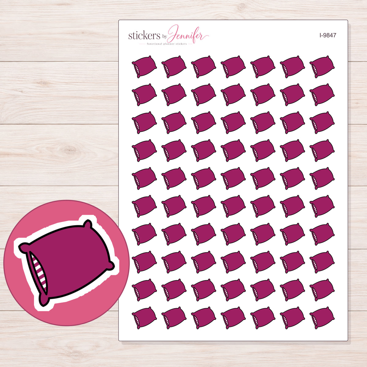 Magenta Pillow Planner Stickers | I-9847 — 5 × 7 inch sheet and enlarged sticker detail