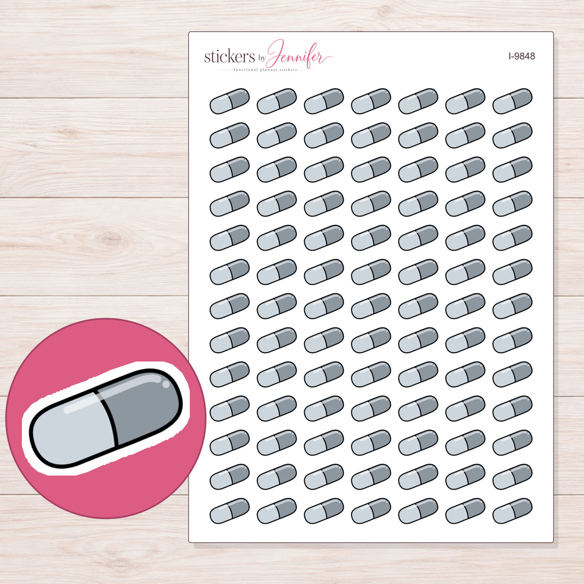 Gray Capsule Planner Stickers | I-9848 — 5 × 7 inch sheet and enlarged sticker detail