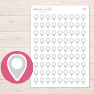 Light Gray Location Pin Planner Stickers | I-9849 — 5 × 7 inch sheet and enlarged sticker detail