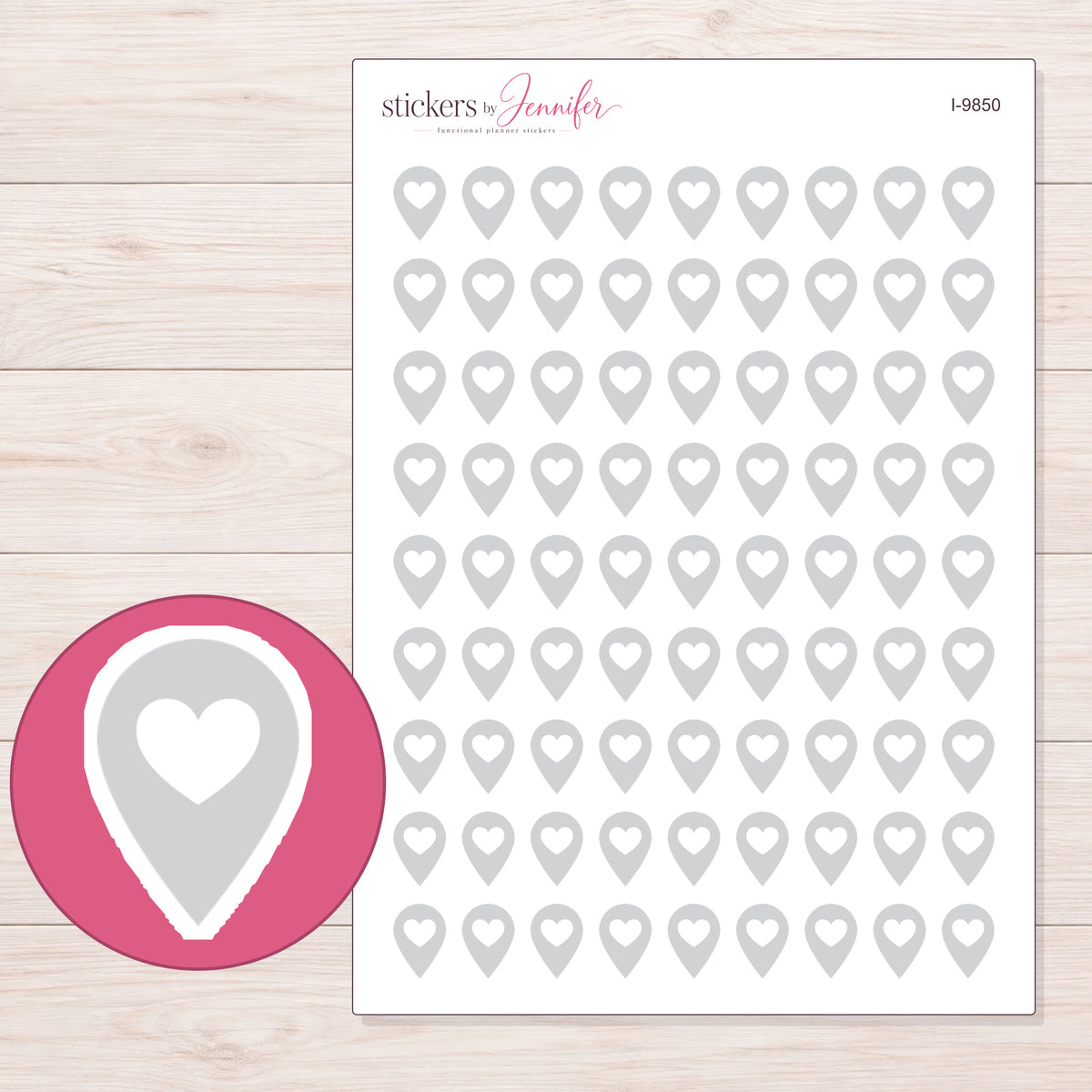 Light Gray Heart Location Pin Planner Stickers | I-9850 — 5 × 7 inch sheet and enlarged sticker detail