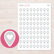 Light Gray Heart Location Pin Planner Stickers | I-9850 — 5 × 7 inch sheet and enlarged sticker detail