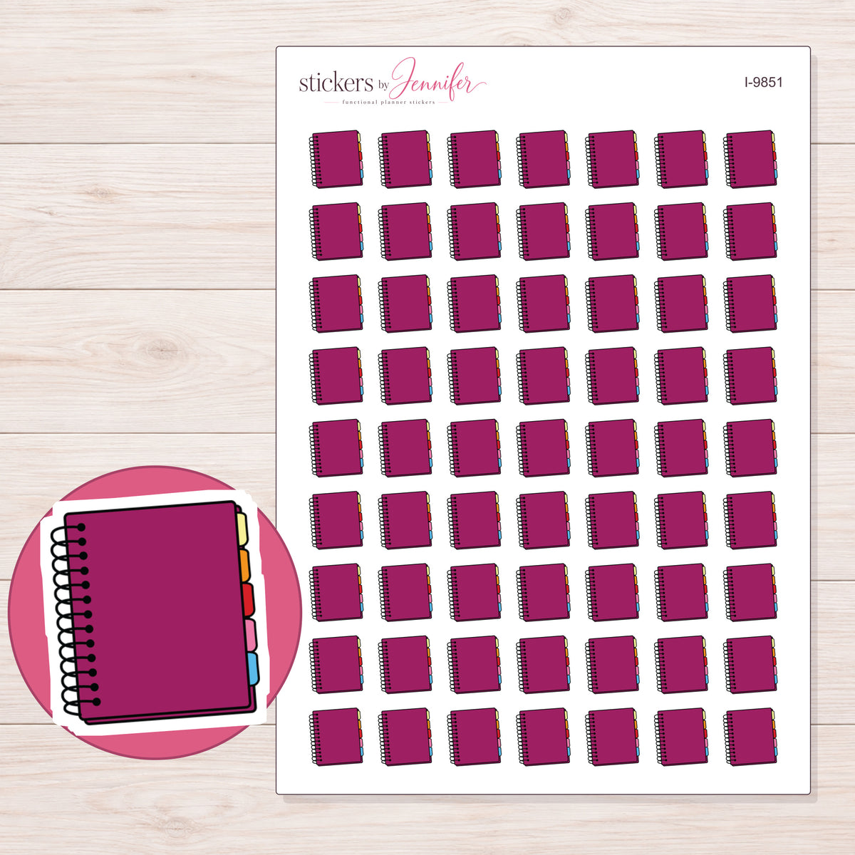 Magenta Spiral Planner Stickers | I-9851 — 5 × 7 inch sheet and enlarged sticker detail