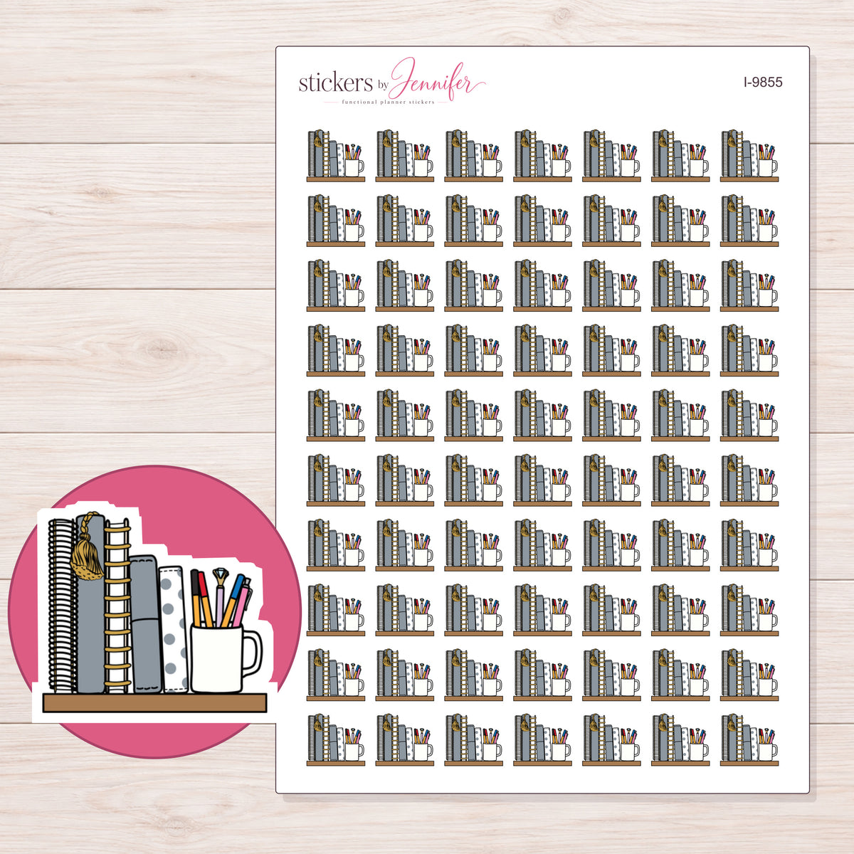 Planner Books and Pencil Cup Planner Stickers | I-9855 — 5 × 7 inch sheet and enlarged sticker detail